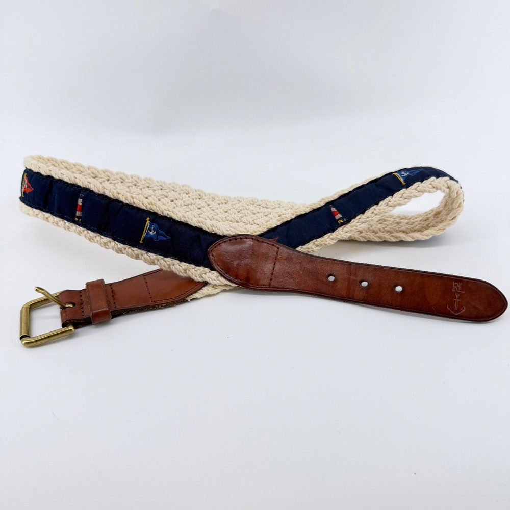 Polo Ralph Lauren Nautical Braided Belt Lighthouses Flags Leather Cream Navy 32
